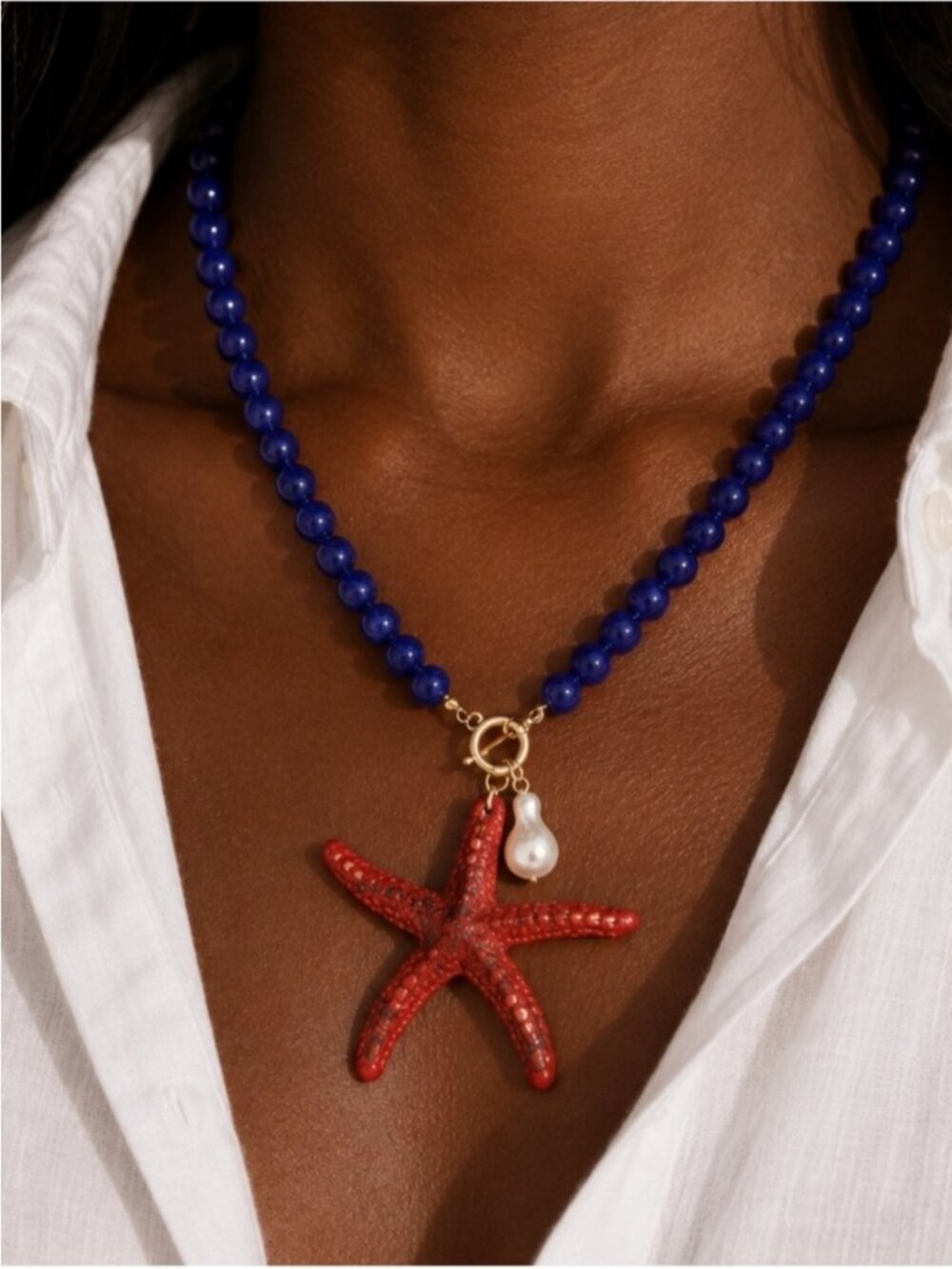 New! Coastal Blue Beaded Red Starfish Dopamine Necklace NWOT